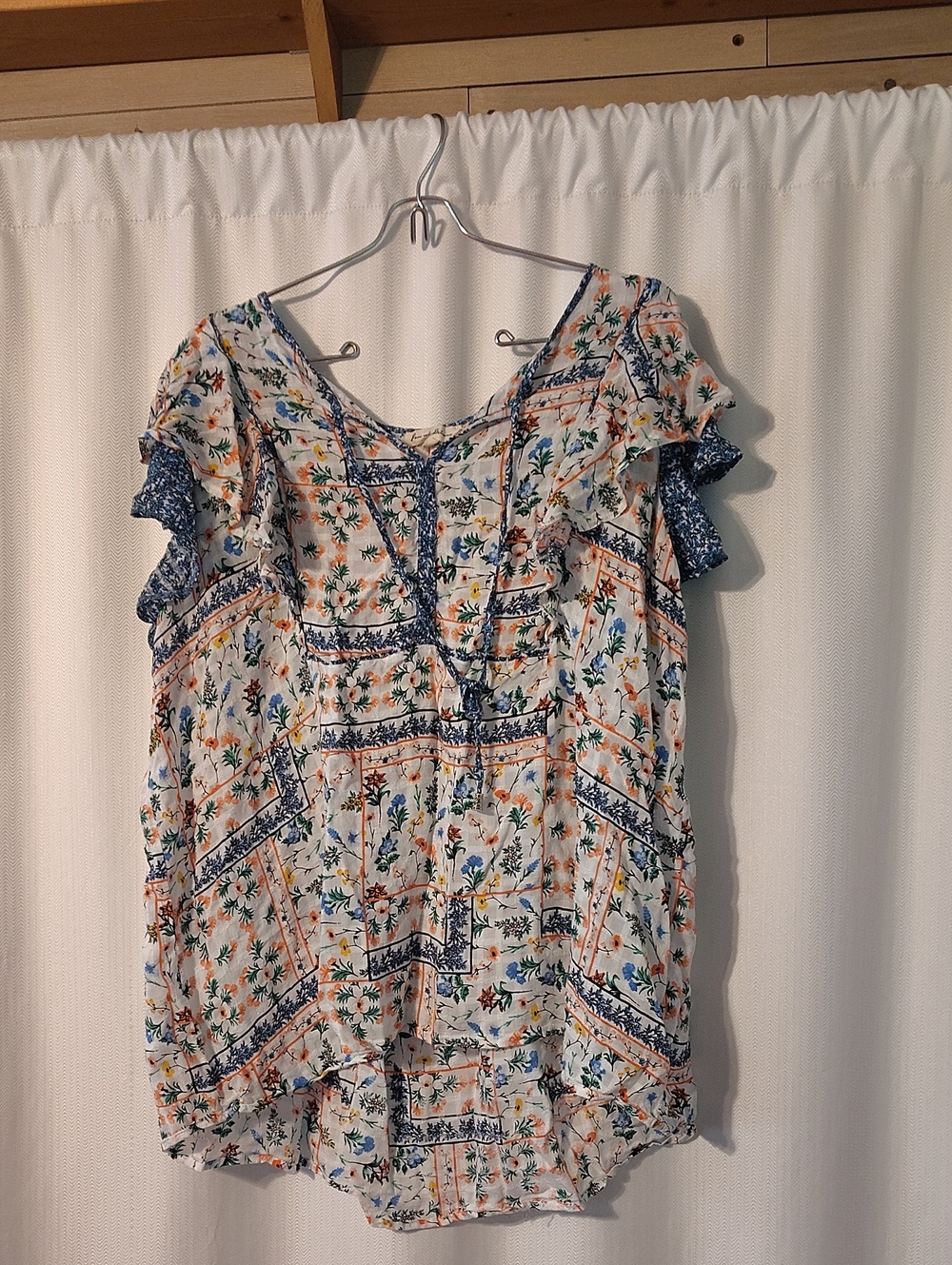 Jane and Delancey White Floral Blouse with Blue & Orange Accents